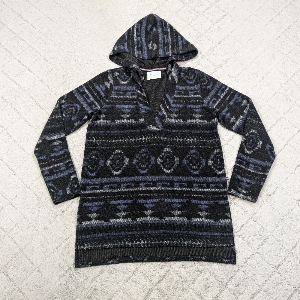 Sol Angeles Hoodie Women's M Gray Blue Aztec Baja Pullover Sweater V-Neck